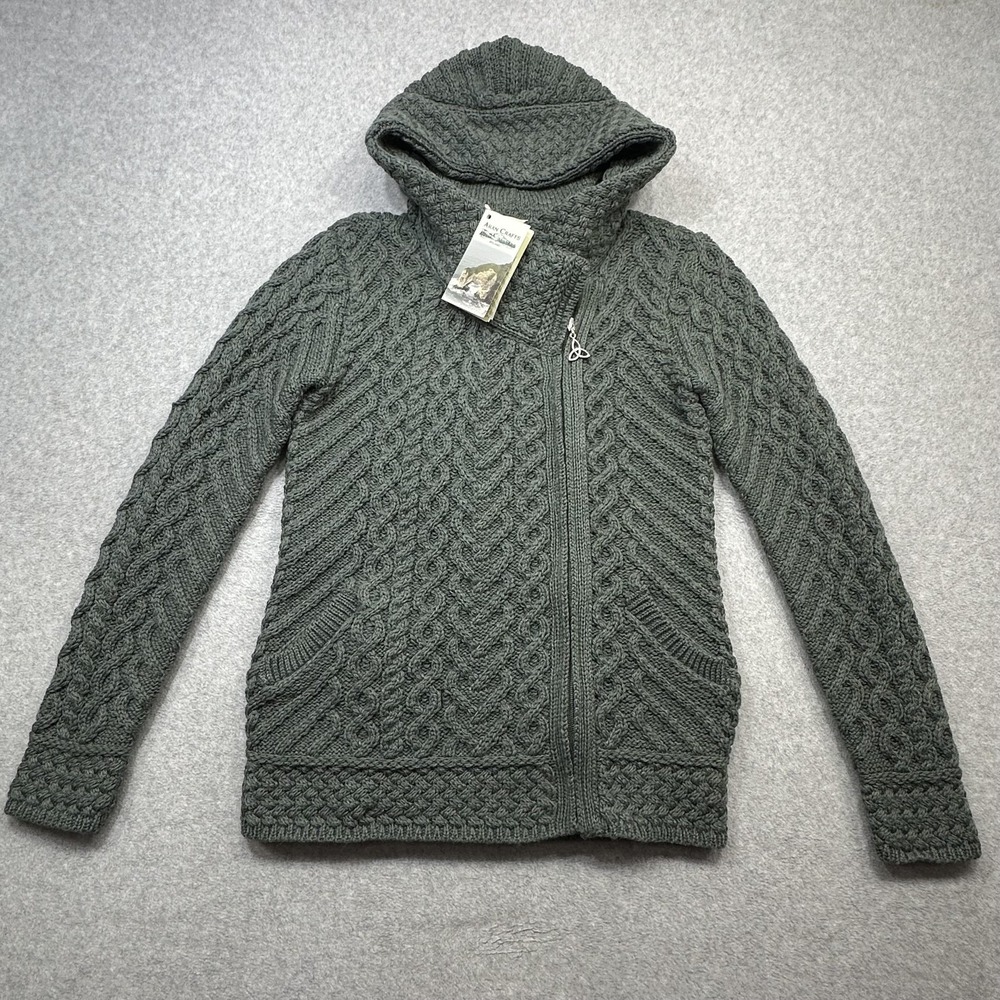 Aran Crafts Sweater Women Small Green Merino Wool Hood Side Zip Ireland Thundra